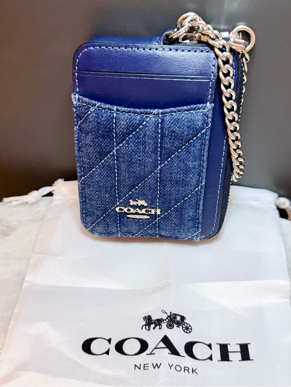 Coach Quilted Denim Zip Card Case Wallet w/chain strap + dust bag Style CAR26
